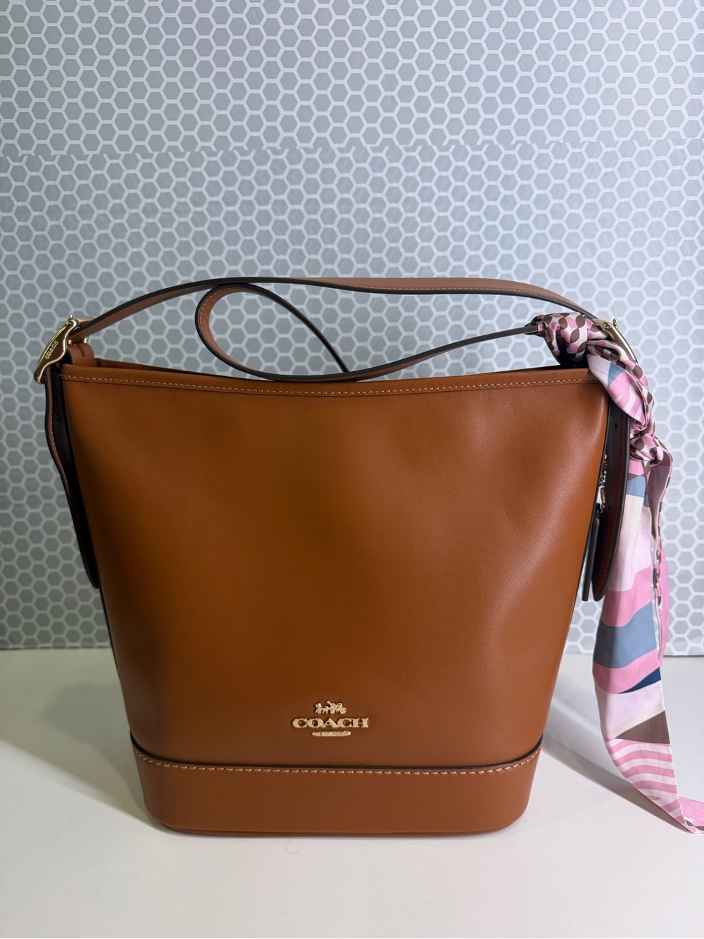COACH Jude Leather Bucket Bag in Saddle Brown with Pink Scarf - Picture 6 of 11